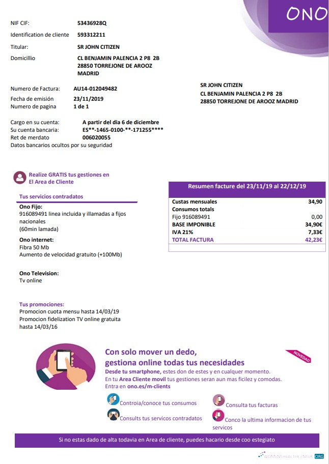 download Spain ONO easy fillable utility bill template in Word and PDF format (.doc and .pdf) PDF template